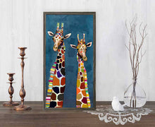 Load image into Gallery viewer, Two Giraffes on Blue Canvas - 5 x 10