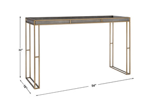 Console Table with Rich Charcoal Faux Shagreen w/ Brushed Gold Steel Frame