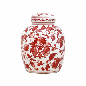 Coral Red & White Vintage Ceramic Jar with Lid