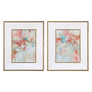 Elegant Pastel Colored Abstract Prints with Gold Leaf Frame - Set of 2