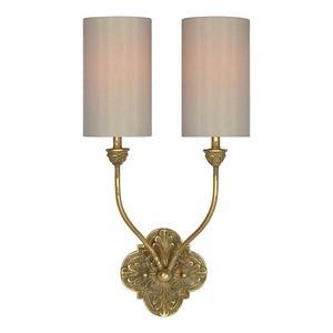 Gold Two Light Wall Sconce with Beautiful Carvings and Graceful Arms