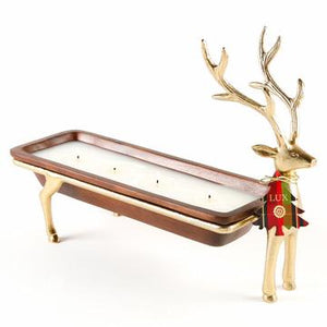 Noble Fir Reindeer 4 Wick Candle in Dough Bowl sitting in Gold Stand