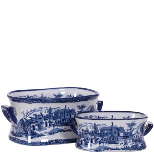 Scenic Oval Blue and White Porcelain Planters - 2 sizes