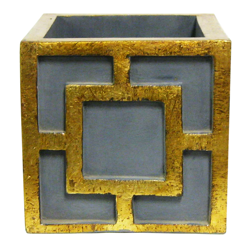 Wooden Square Dark Grey Blue Container w/ Square in Antique Gold