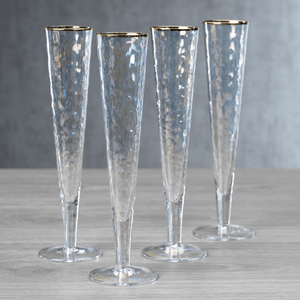 Hand-Blown Slim Champagne Glasses - Lusterw/ Gold Rim - Set of 2