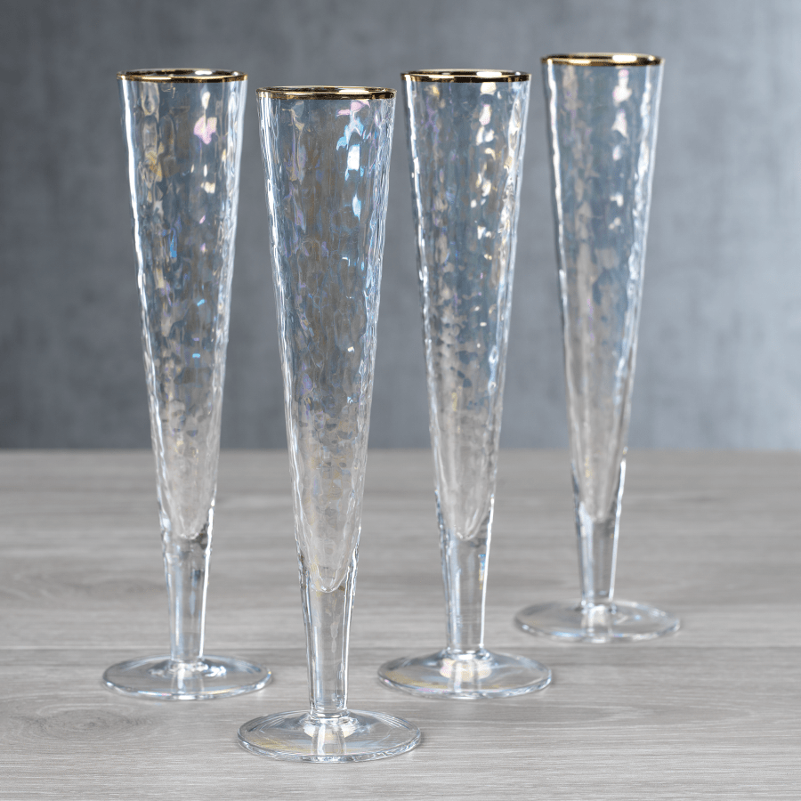 Hand-Blown Slim Champagne Glasses - Lusterw/ Gold Rim - Set of 2