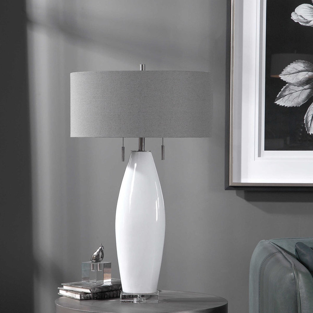Contemporary White Ceramic Lamp with Grey Linen Shade