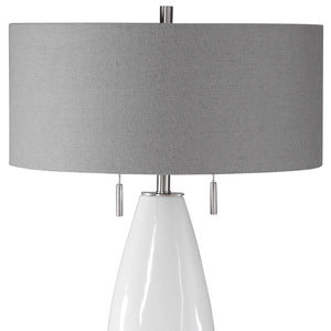 Contemporary White Ceramic Lamp with Grey Linen Shade