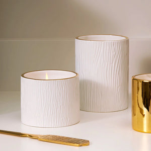 Thymes Fraiser Fir White Ceramic Wood Grain Candle