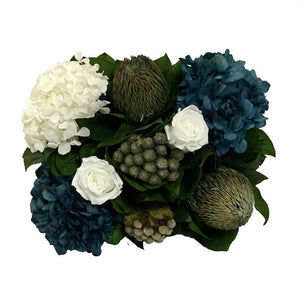 Bougainvillea Mini Rect Container  Dark Grey w/ Silver  w/ Medallion  - White Roses, Natural Brunia, Natural Blue & White Hydeangeas