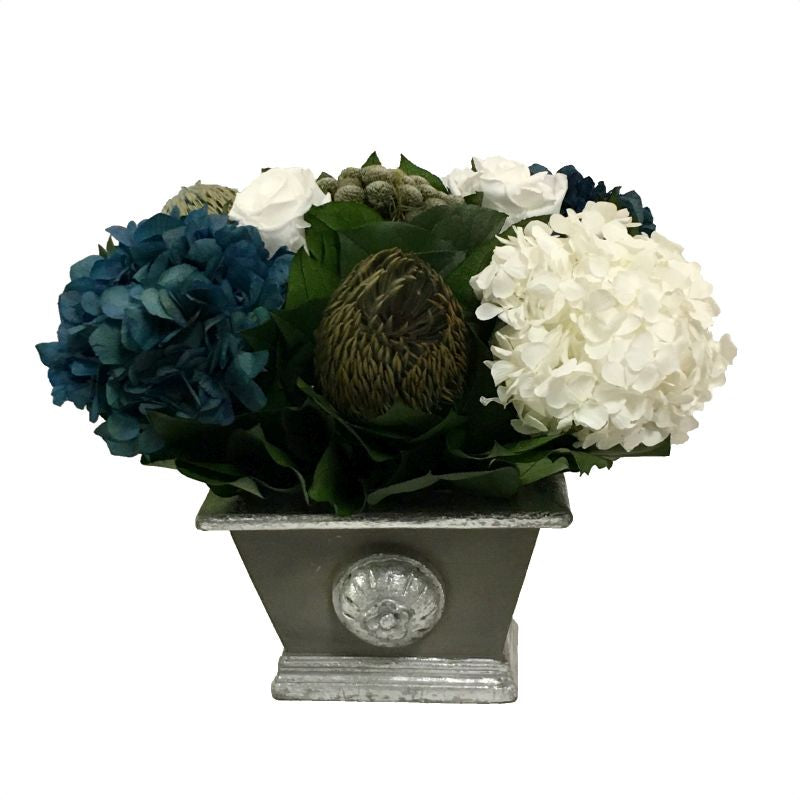 Bougainvillea Mini Rect Container  Dark Grey w/ Silver  w/ Medallion  - White Roses, Natural Brunia, Natural Blue & White Hydeangeas