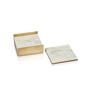 White Ribbed Bone Coasters in Metal Tray - Set of 4