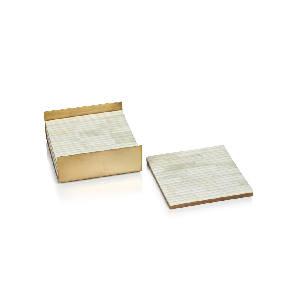 White Ribbed Bone Coasters in Metal Tray - Set of 4