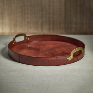 Aspen Leather with Brass Handles Round Tray - Large