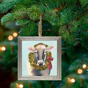 Festive Cow Embellished Wooden Framed Ornament On Canvas 3.5x3.5