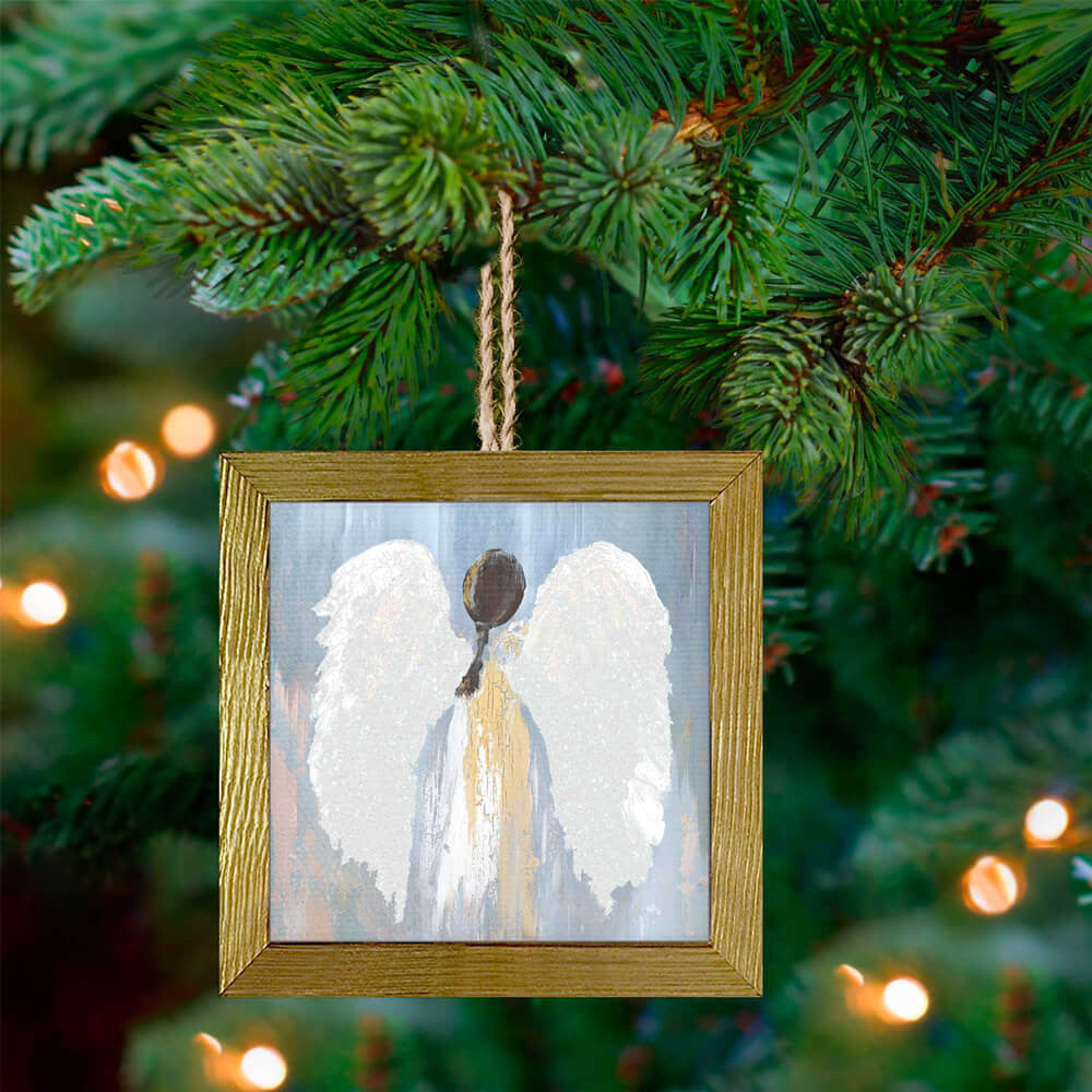 Graceful Brunette Angel Embellished Wooden Framed Ornament