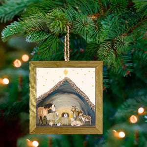 Nativity Manger - Cream Embellished Wooden Framed Ornament On Canvas 3.5x3.5
